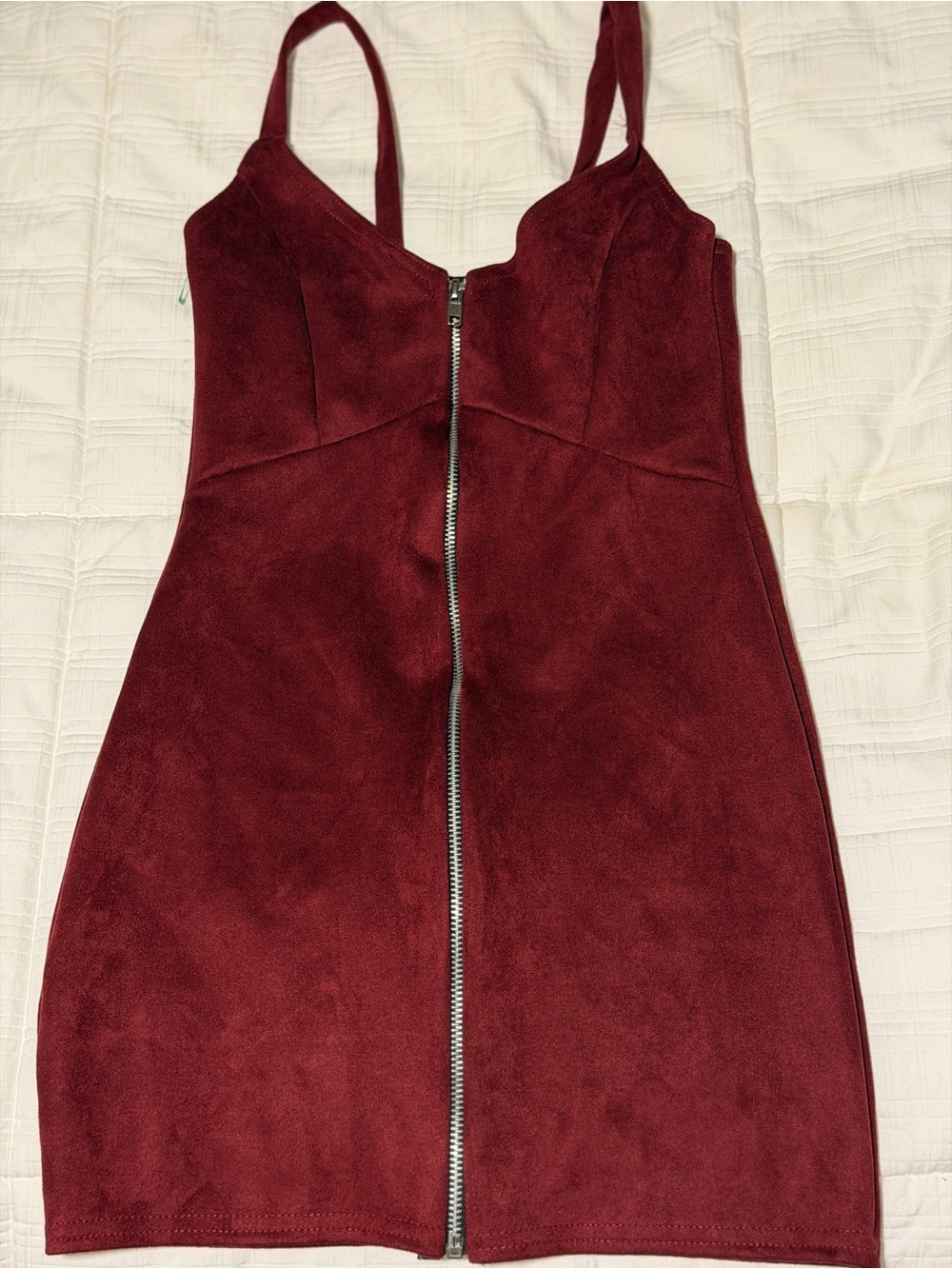 Boohoo Wine Zip-Front Suedette Mini Dress
